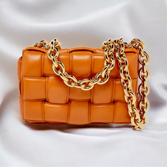 Elegant Orange Woven Chain Bag. Vegan Leather.